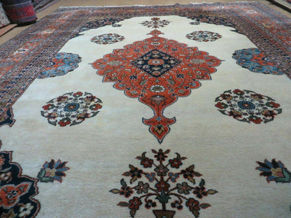 Indo Persian Rug 9x12, Semi Open Field Medallion, Ivory Tomato Red Navy Blue, Hand Knotted Indian Oriental Wool Carpet 9 x 12 ft, Room Sized