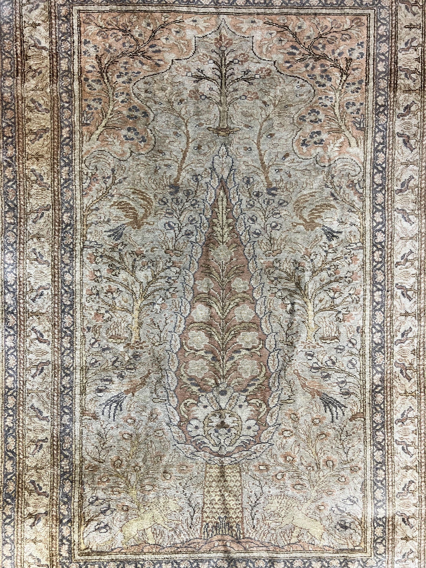 Turkish Kayseri Silk Rug 4x6, Tree of Life Pattern, Vintage Handmade Hand Knotted Carpet, Animal Pictorials, Birds