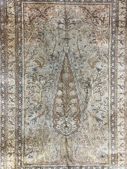 Turkish Kayseri Silk Rug 4x6, Tree of Life Pattern, Vintage Handmade Hand Knotted Carpet, Animal Pictorials, Birds