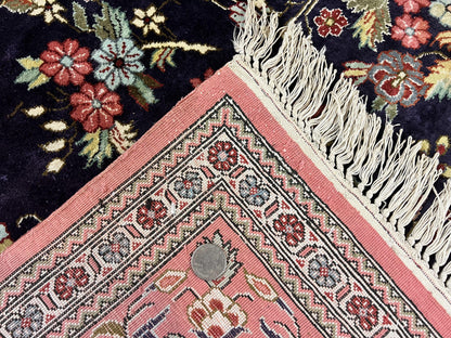 Stunning Silk Persian Qum Rug 7x9, Finely Hand Knotted Navy Blue & Salmon Floral Medallion Authentic Oriental Carpet, Vintage Handmade Silk Ghom Rug, Silk on Silk