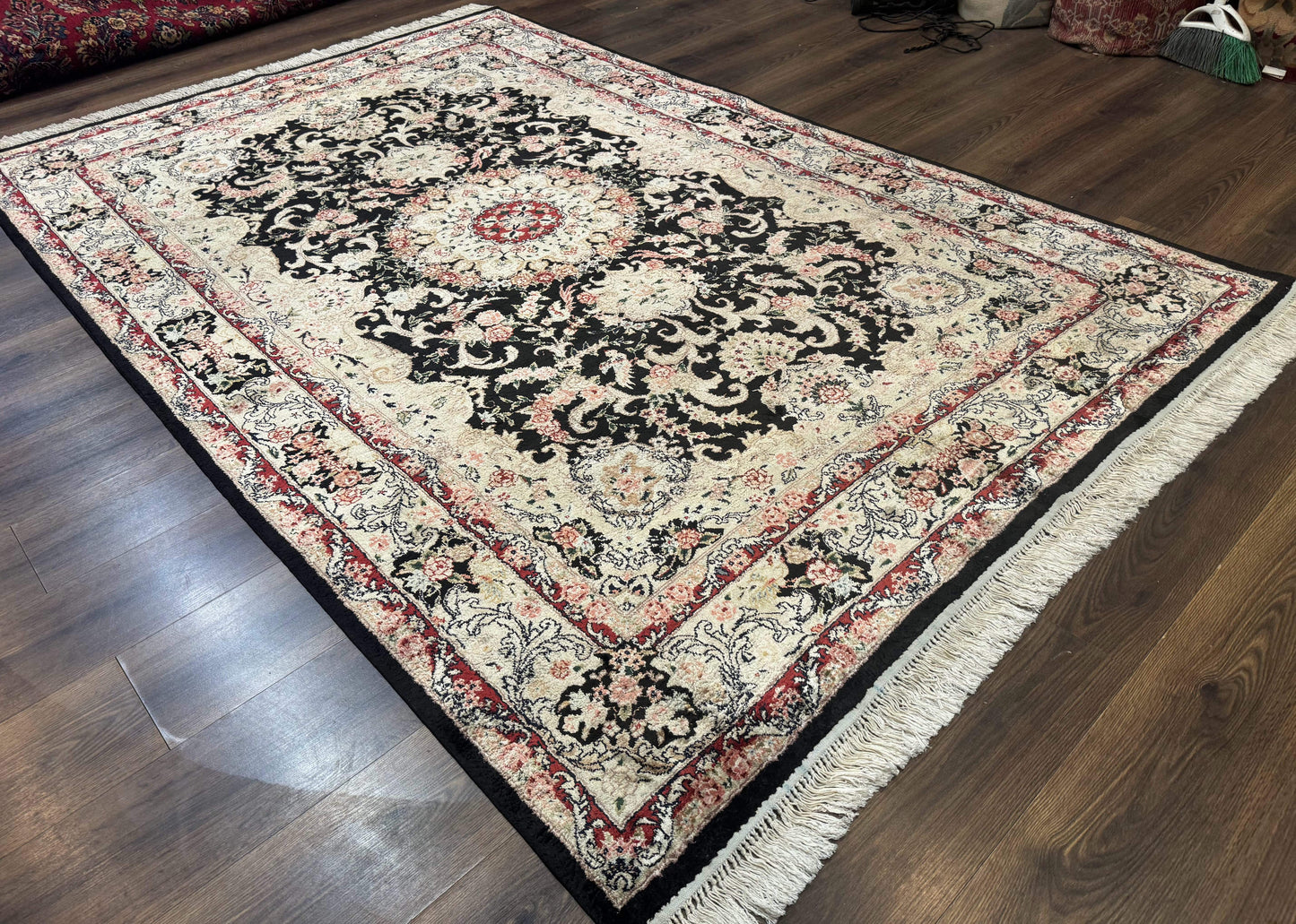 Indian Kashmiri Silk Rug, Floral Medallion, Vintage Hand Knotted Carpet