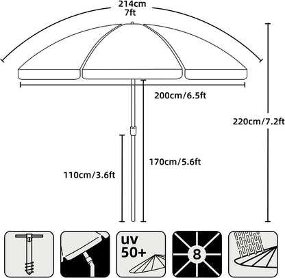 7Ft Heavy Duty Beach Umbrella UV 50 With Sand Anchor Tilt