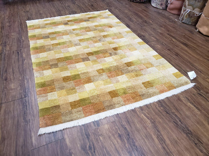 4x6 Tibetan Rug, Modern Abstract Handmade Area Rug, Checkerboard Pattern, Neutral Ivory Gold Tan Colors, Soft Pile, Mid Sized Rug, Nepali