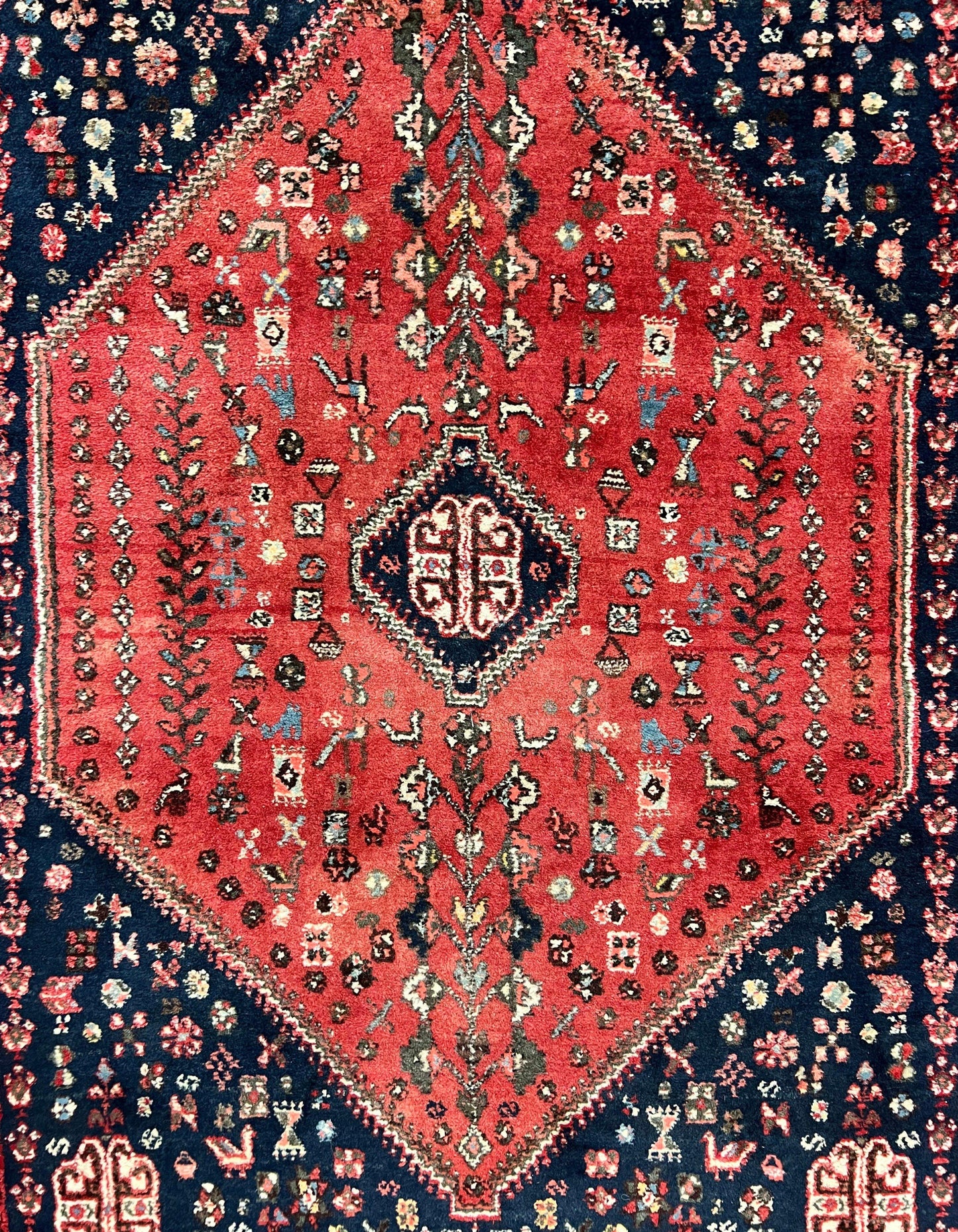 Persian Tribal Rug 3.6 x 5 ft, Persian Abadeh Rug, Geometric Medallion Bird Motifs, Red and Navy Blue Hand Knotted Handmade Wool Vintage Oriental Carpet