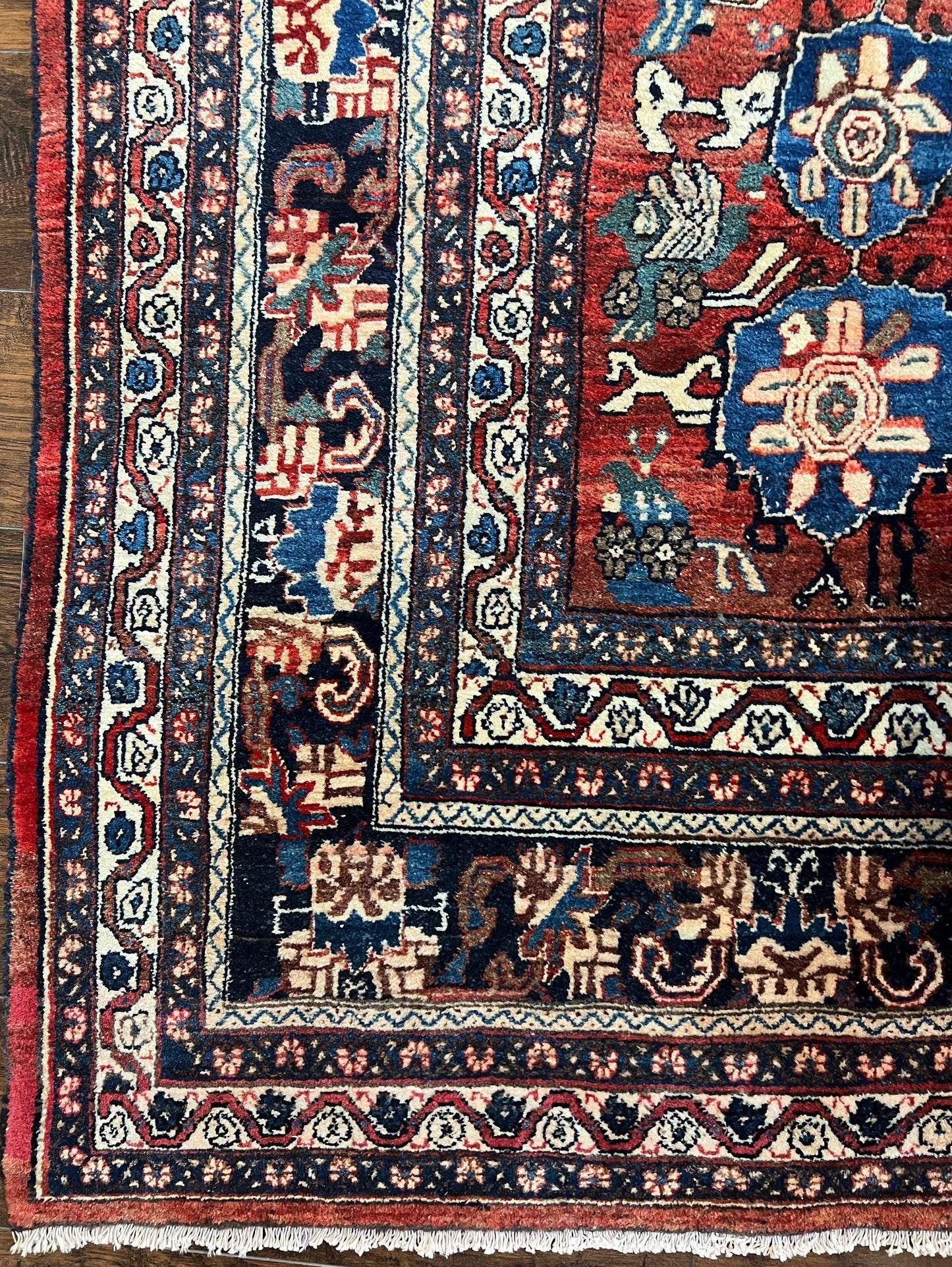 Antique Persian Bijar Rug 9x12 - Allover Motif, Red & Blue