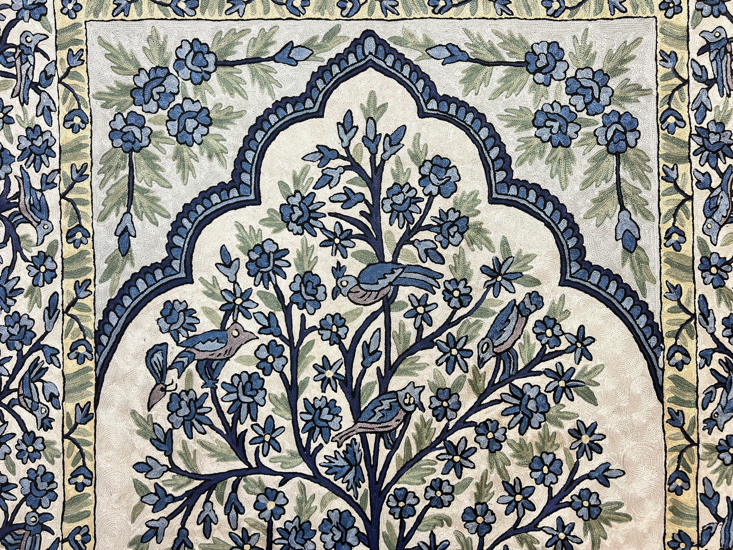 Tree of Life Indian Hand Stitched Rug 4x6, Indian Wall Hanging Rug, Ivory Blue, Silk on Cotton, Vintage