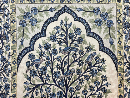 Tree of Life Indian Hand Stitched Rug 4x6, Indian Wall Hanging Rug, Ivory Blue, Silk on Cotton, Vintage
