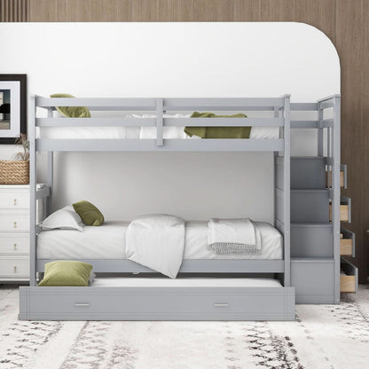 Natural Gray Twin Bunk Bed With Trundle And Stairs