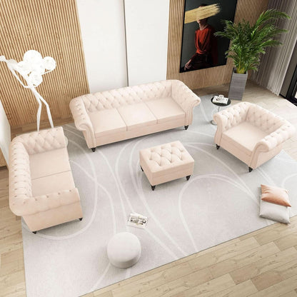 Beige Velvet Sectional Sofa Set With Button Tufting