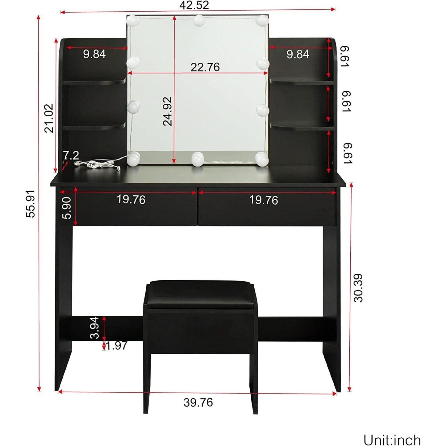 Black Vanity Set With 10 Lights For Bedroom Storage