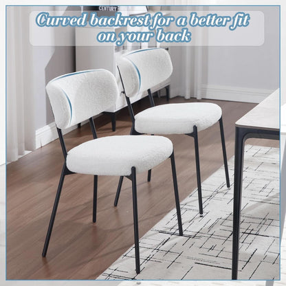White Boucle Upholstered Dining Chairs Curved Back