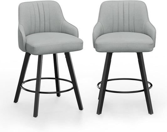Linen Fabric Upholstered Swivel Barstools Set of Two