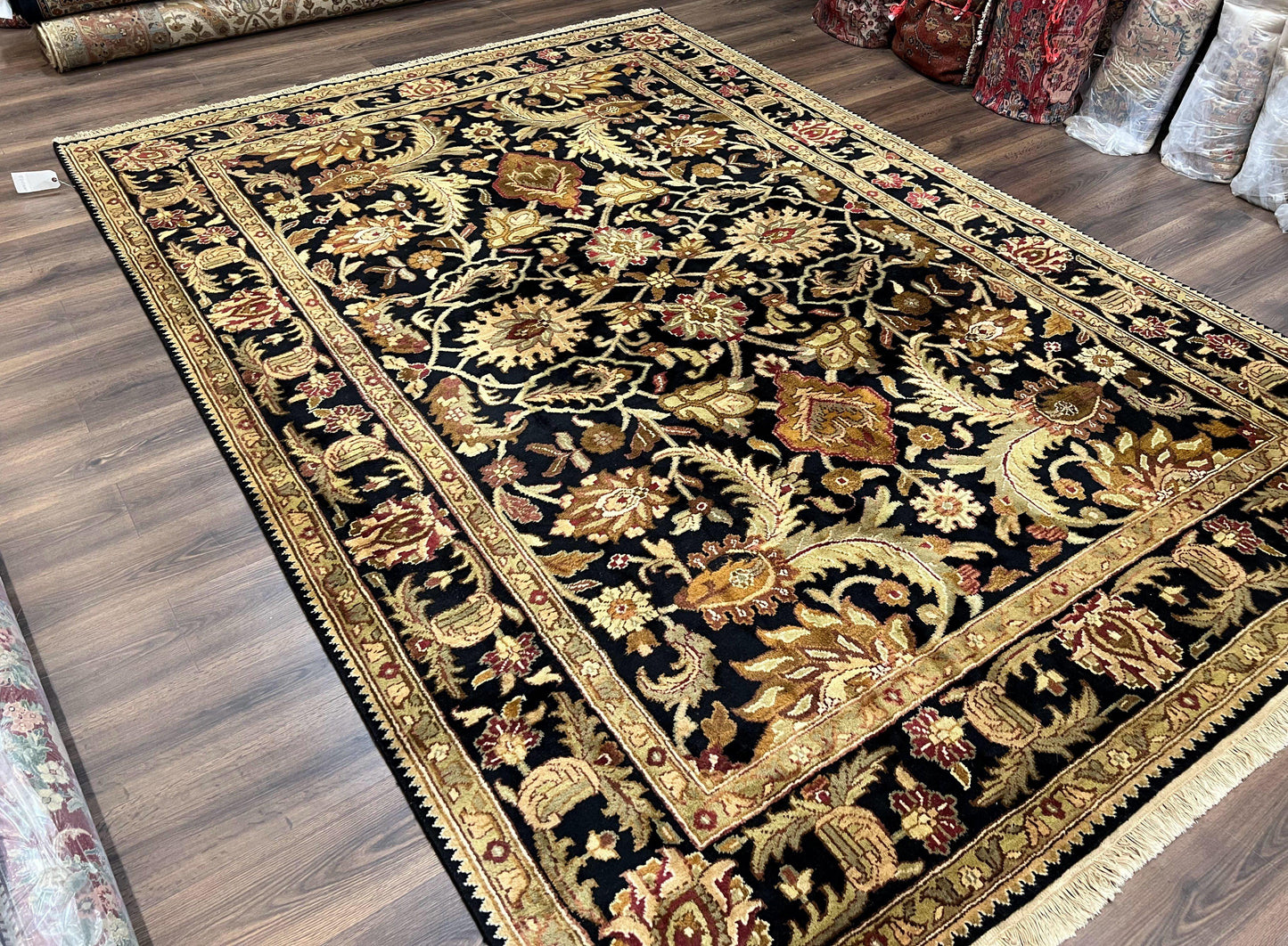 Indo Mahal Sultanabad Rug 8x11, Vintage Indian Oriental Carpet, Wool Handmade Floral Rug 8 x 11 ft, Black Beige Tan, Large Flowers Allover