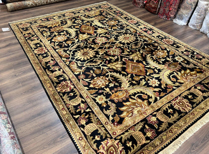 Indo Mahal Sultanabad Rug 8x11, Vintage Indian Oriental Carpet, Wool Handmade Floral Rug 8 x 11 ft, Black Beige Tan, Large Flowers Allover