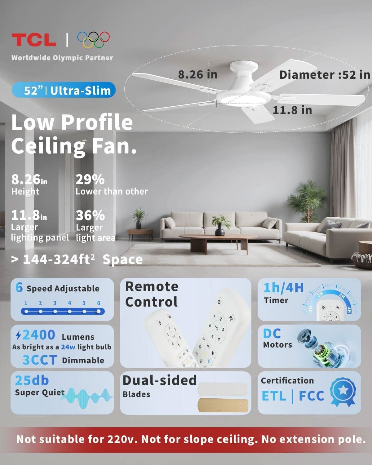 52 Inch White Flush Mount Ceiling Fan With LED Light