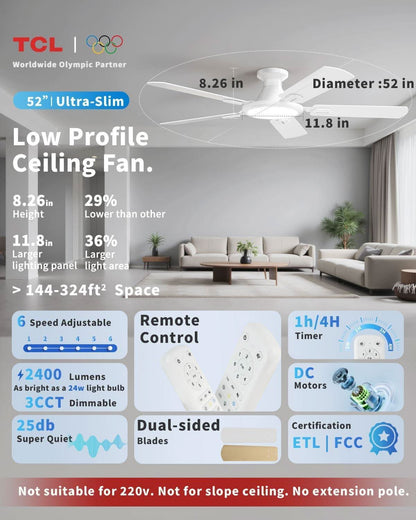 52 Inch White Flush Mount Ceiling Fan With LED Light