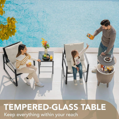 Beige 3 Piece Rocking Patio Bistro Set With Tempered Glass Coffee Table For Outdoor Furniture