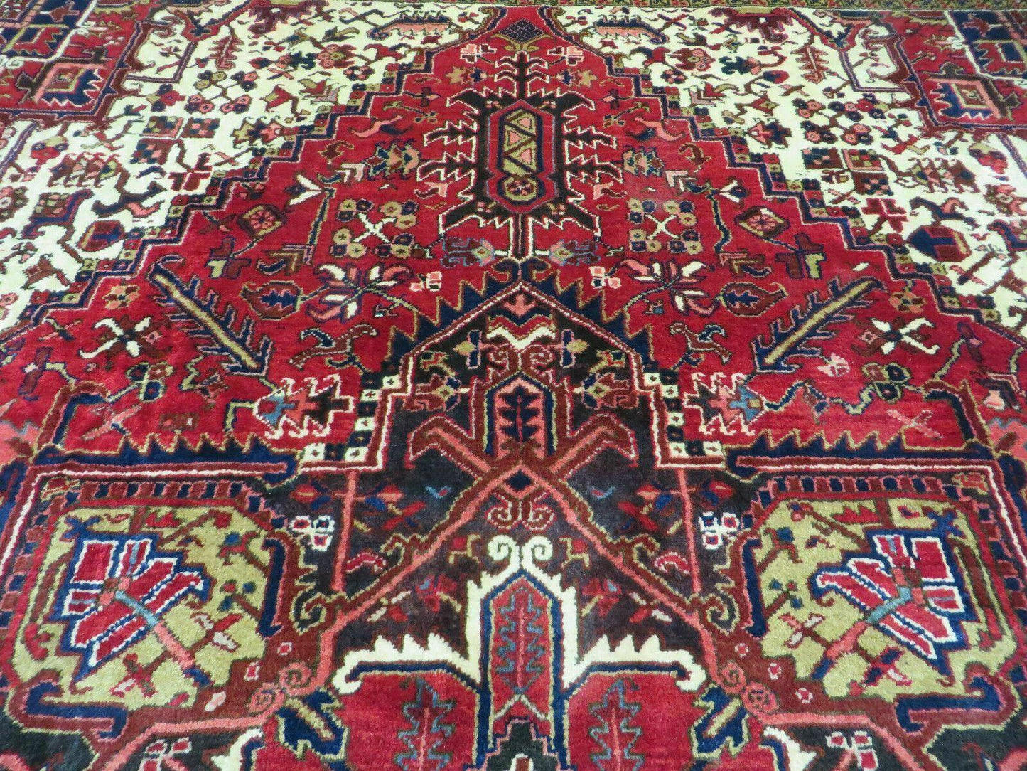 Wonderful Persian Heriz Rug 8.6 x 11, Geometric Heriz Carpet, Semi Antique Decorative Area Rug, Red Ivory Dark Blue Handmade Wool Room Sized