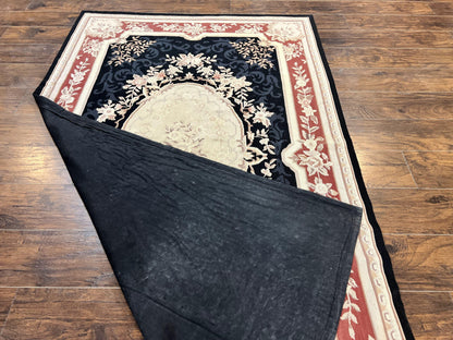 Needlepoint Rug 5x8, Wool Handmade Vintage European Design Carpet, Black & Maroon, French Aubusson Pattern Flatweave Rug