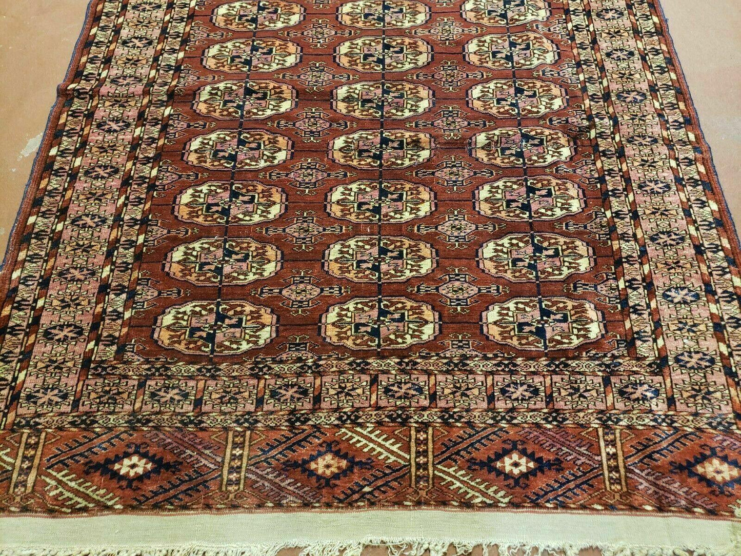 4' X 4' Antique Handmade Turkoman Bokhara Balouch Woven Wool Rug Brick Red Nice