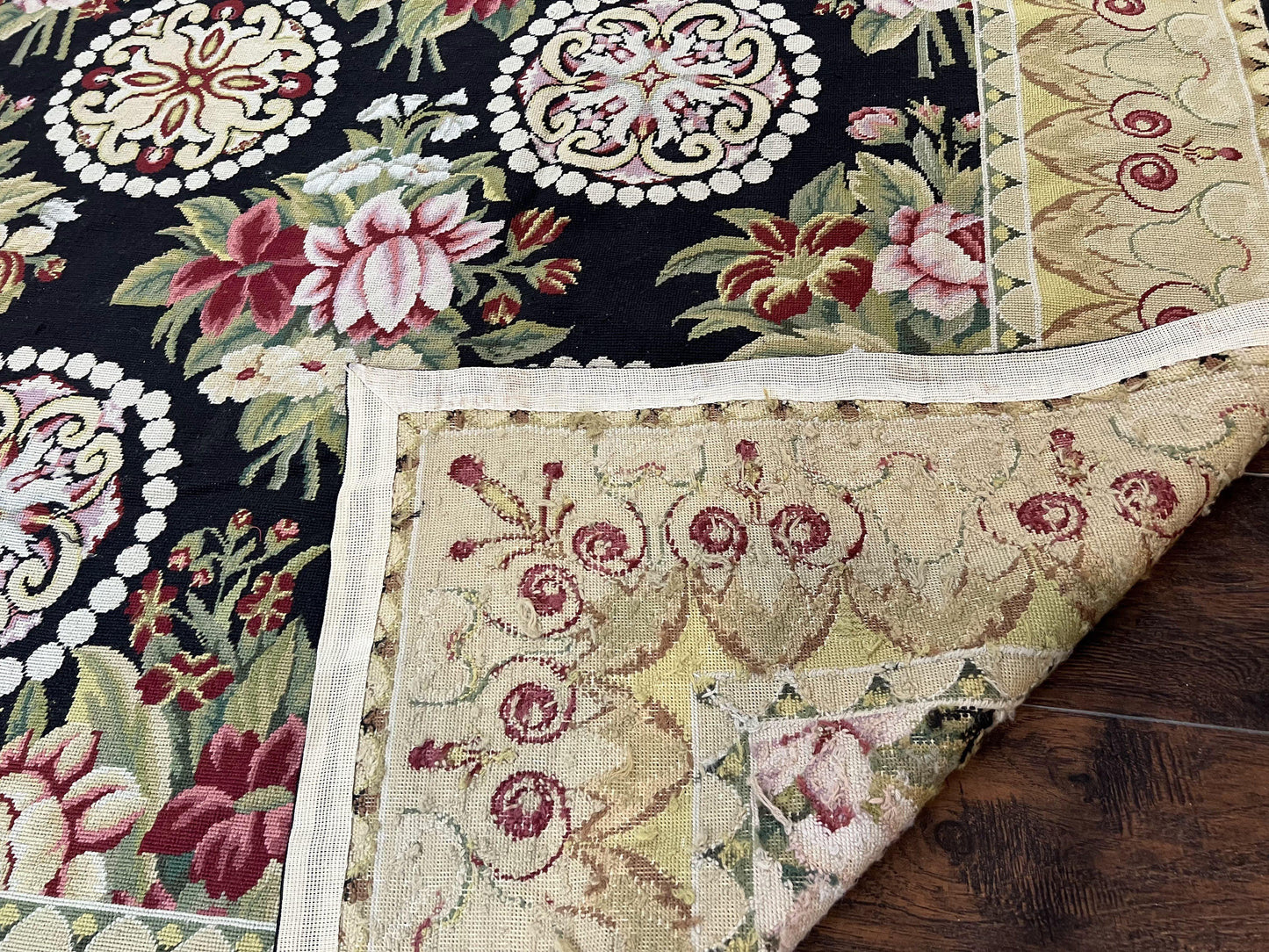 9x12 Black Needlepoint Rug, European Floral Panel Design, Handwoven, Vintage Chinese Needlepoint, Black Green Beige, Wool Rug 9 x 12