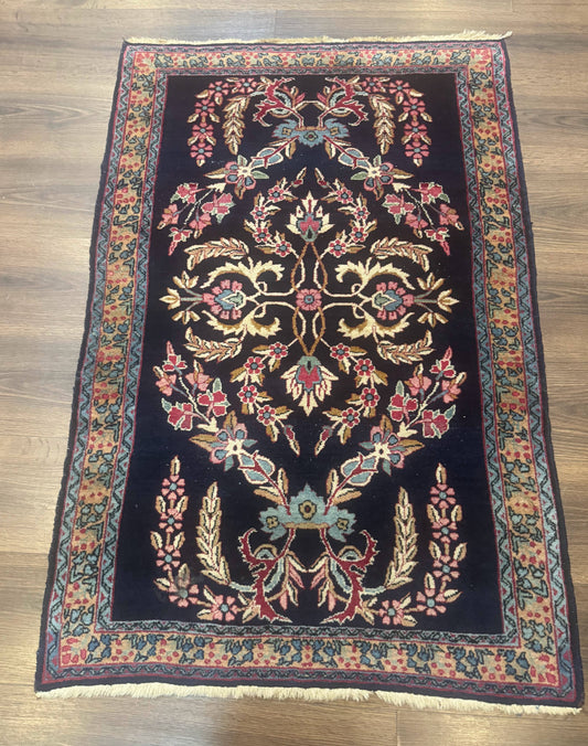 Antique Persian Kerman Rug 2.8 x 4, Navy Blue, Floral