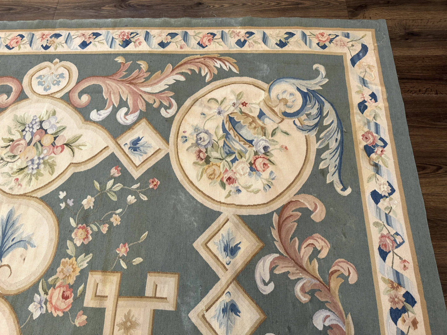 Aubusson Rug 9x12, Muted Sage Green and Cream, European Design