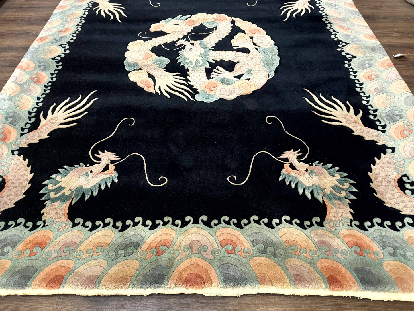 Black Chinese Wool Rug 8x10 with Dragons, Rainbow Borders, Rare