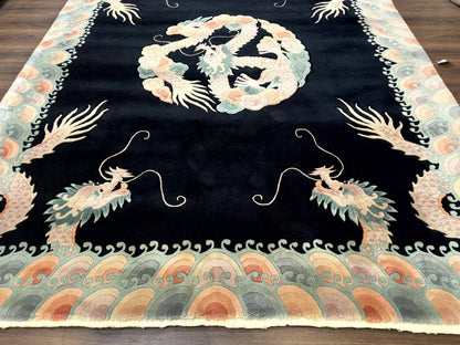 Black Chinese Wool Rug 8x10 with Dragons, Rainbow Borders, Rare