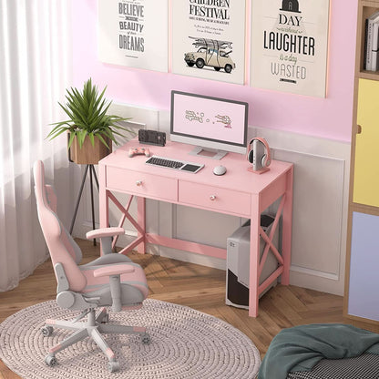 Pink Modern Vanity Desk With Drawers For Home Office