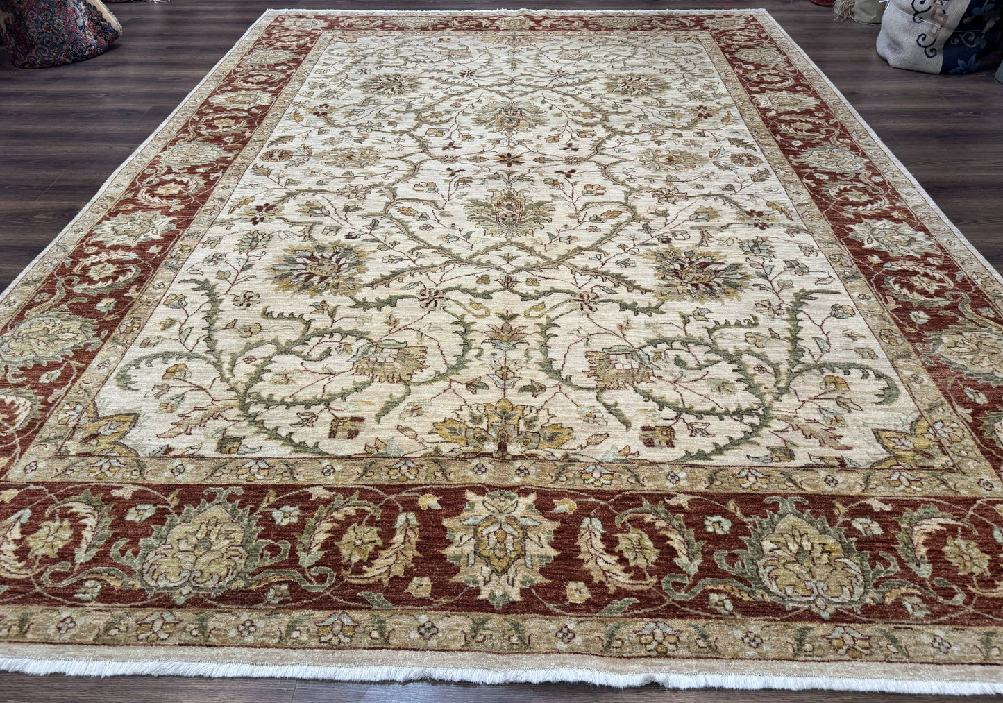 Pakistani Rug 9x12, Floral Allover Peshawar Carpet, Chobi, Beige and Rust Red, Traditional
