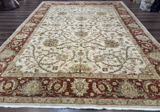 Pakistani Rug 9x12, Floral Allover Peshawar Carpet, Chobi, Beige and Rust Red, Traditional