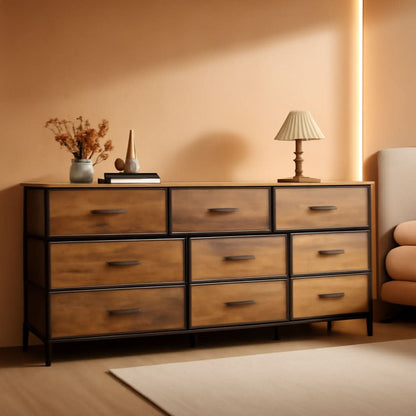 63 Inch Dresser With Durable Fabric Drawers In Rustic Brown