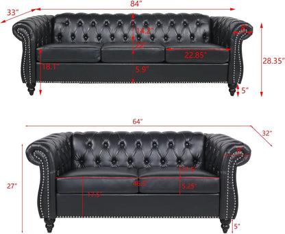 Black Faux Leather Chesterfield Sofa Set 3 Seater Loveseat