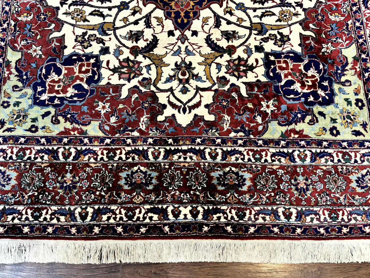 Wonderful Persian Isfahan Rug 7x9, Ivory Navy Blue Red, Floral Medallion, Very Finely Hand Knotted 260 KPSI, Handmade Wool Vintage Rug