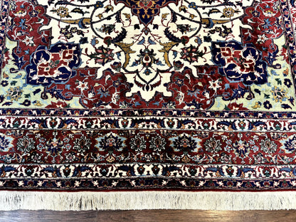 Wonderful Persian Isfahan Rug 7x9, Ivory Navy Blue Red, Floral Medallion, Very Finely Hand Knotted 260 KPSI, Handmade Wool Vintage Rug