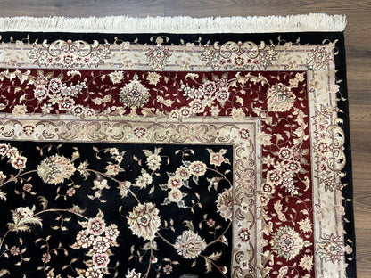 Sino Persian Rug 9x12, High Quality Oriental Carpet, Black and Maroon, Wool and Silk, Allover Floral Pattern, Hand Knotted, Vintage Rug Nice