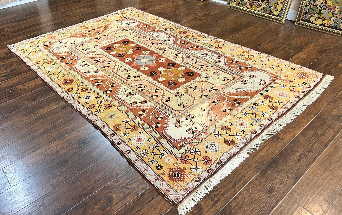 Turkish Rug 7x10, Wool Hand Knotted Vintage Carpet, Geometric Kazak Pattern