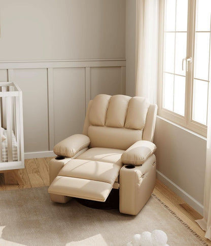 Beige Leather Manual Recliner Chair With Cup Holders