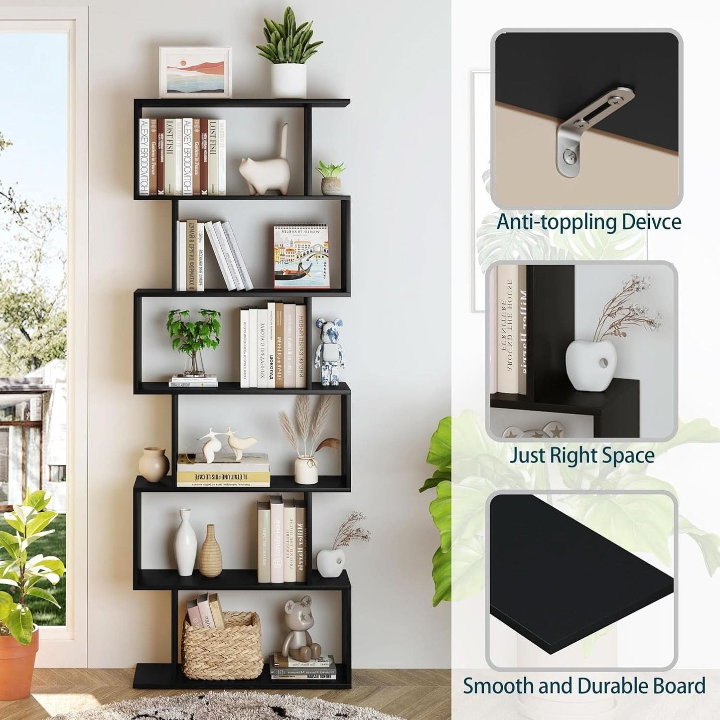 6 Tier S Shaped Bookshelf Freestanding Modern Display