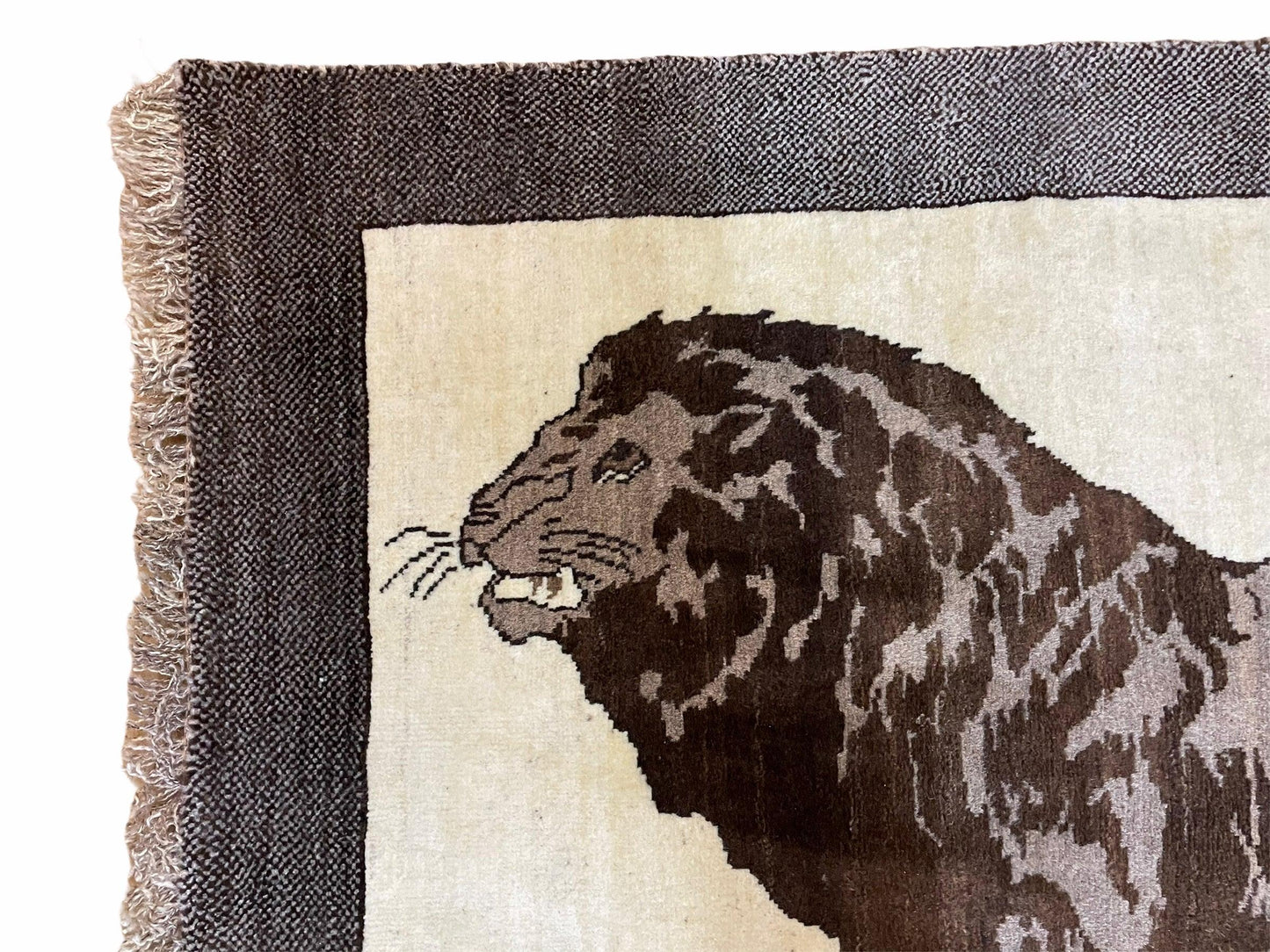 3 x 5 Handmade Rug Brown Beige Hand-Knotted Lion Rug New Vintage Quality Animal