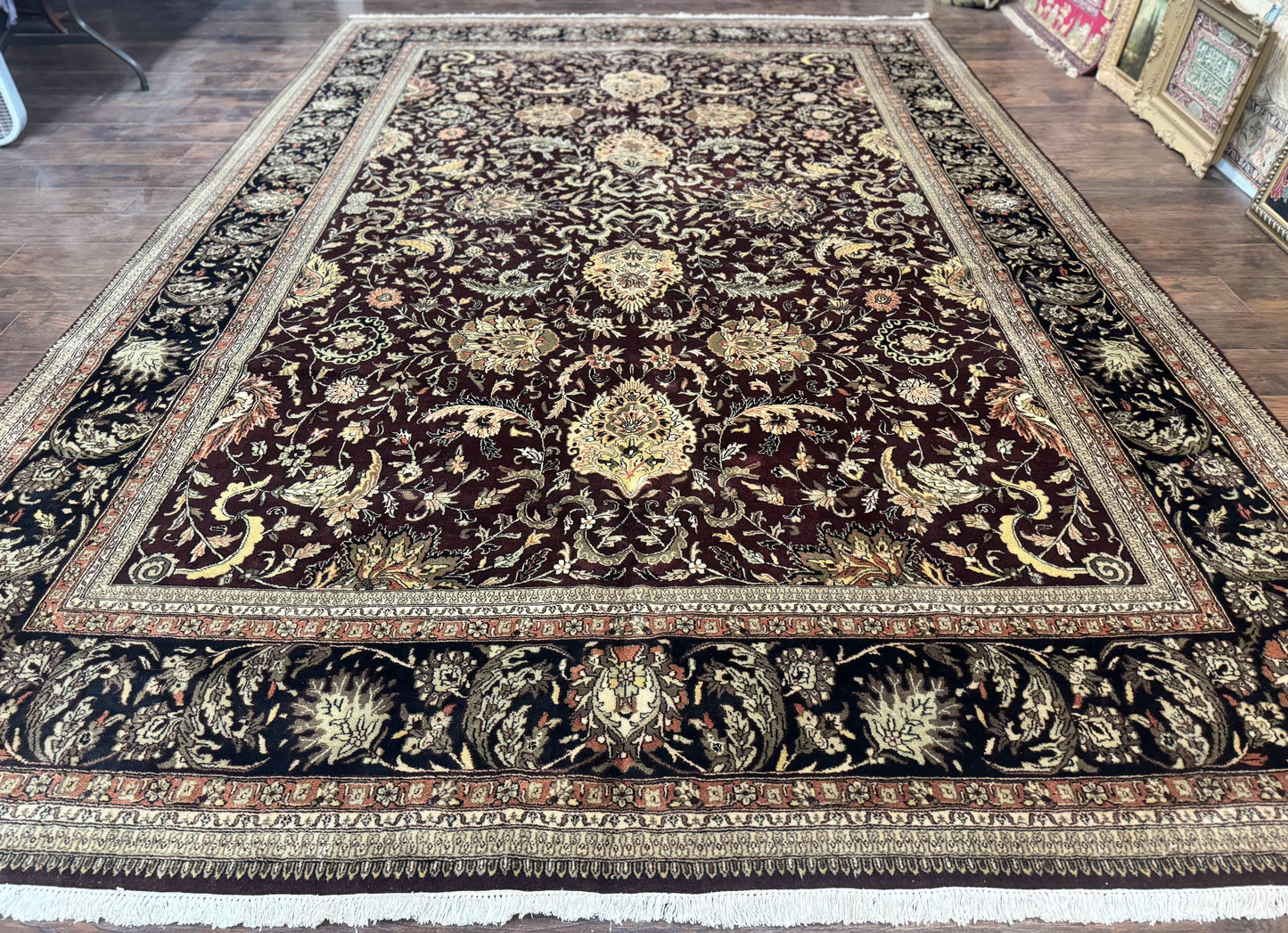 Indo Persian Rug 10x14, Floral Allover, Handmade Vintage Wool Rug, Dark Maroon/Plum and Black