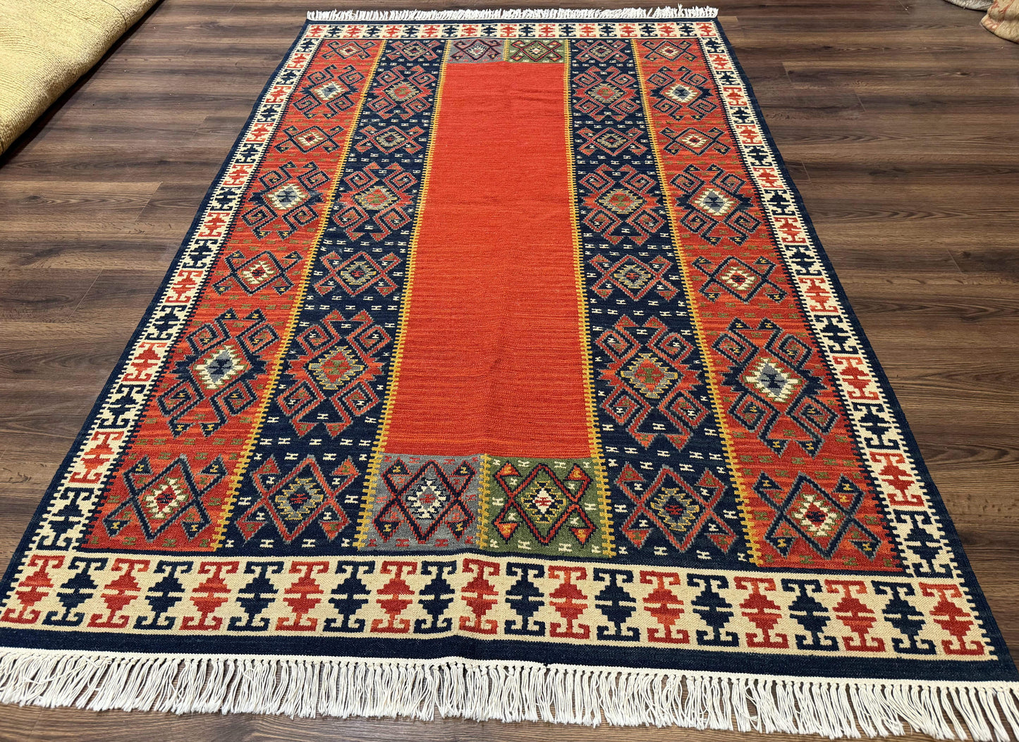 Turkish Kilim Rug 5x8, Flatweave Carpet, Handmade Bohemian Rug, Terracotta and Navy Blue