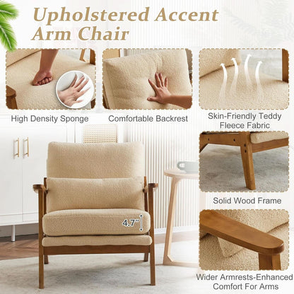 Solid Wood Armchair Khaki Teddy Velvet Upholstery With Pillow