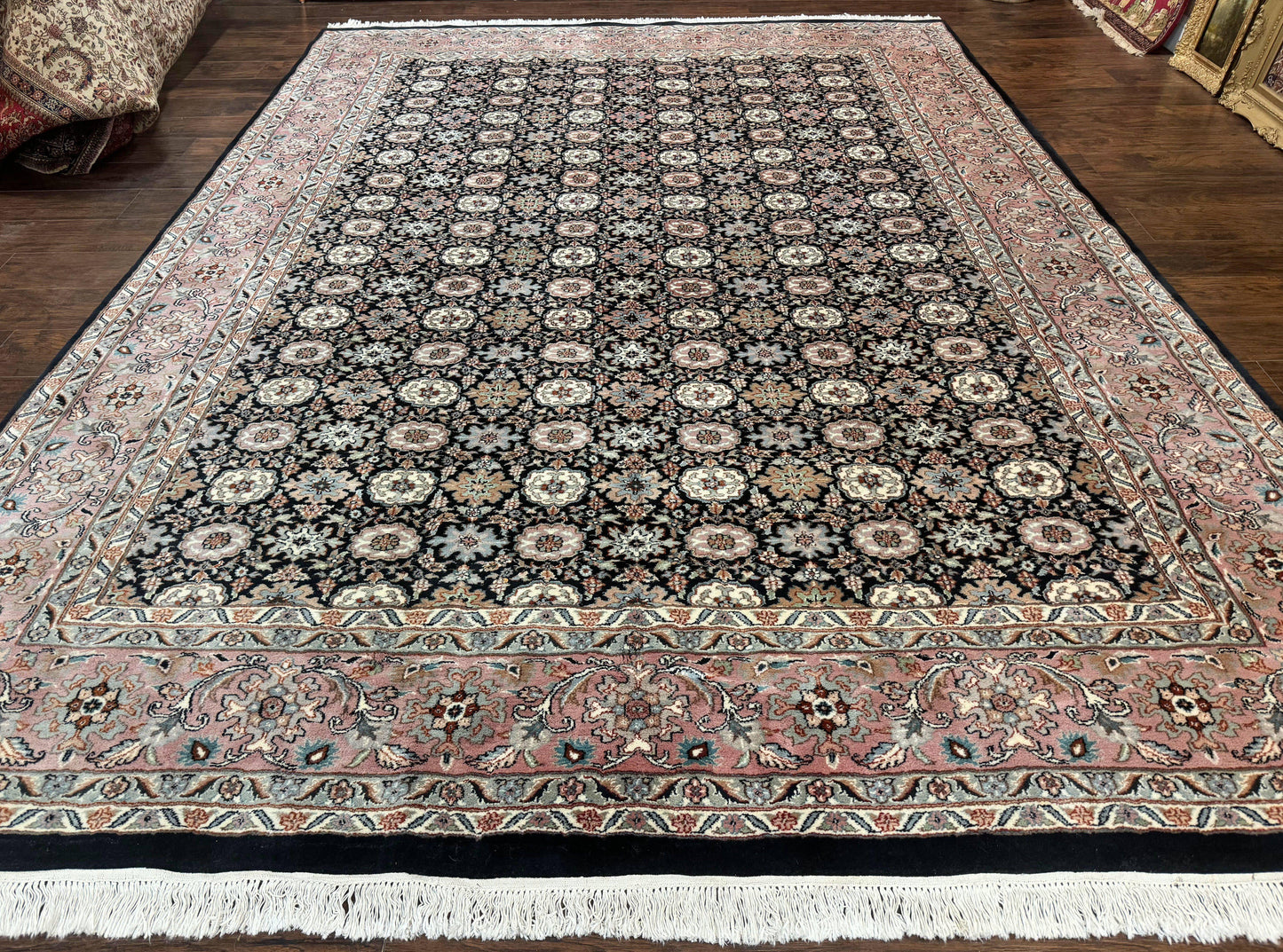 Indo Persian Rug 9x12, Vintage Handmade Wool Carpet, Repeated Allover Motif, Navy Blue and Pink