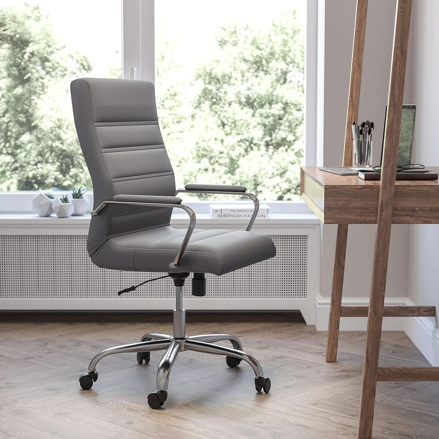 Whitney High Back Leather Office Chair With Adjustable Height Gray Chrome