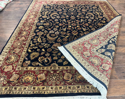 Indo Persian Rug 8x10, Navy Blue and Red, Floral Allover, Hand Knotted Vintage Wool Carpet, Indo Sarouk