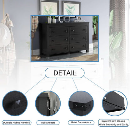 Black Dresser With 6 Drawers For Bedroom Modern Storage