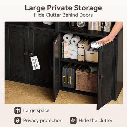 Black Six Tier Floor Standing Bookshelf With Doors