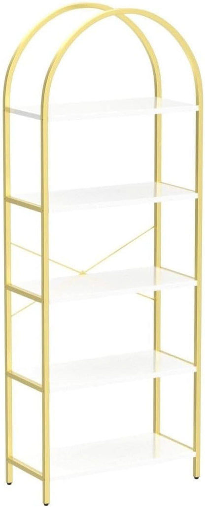 5 Tier Bookshelf Arched Display White Gold Metal Frame Bookcase